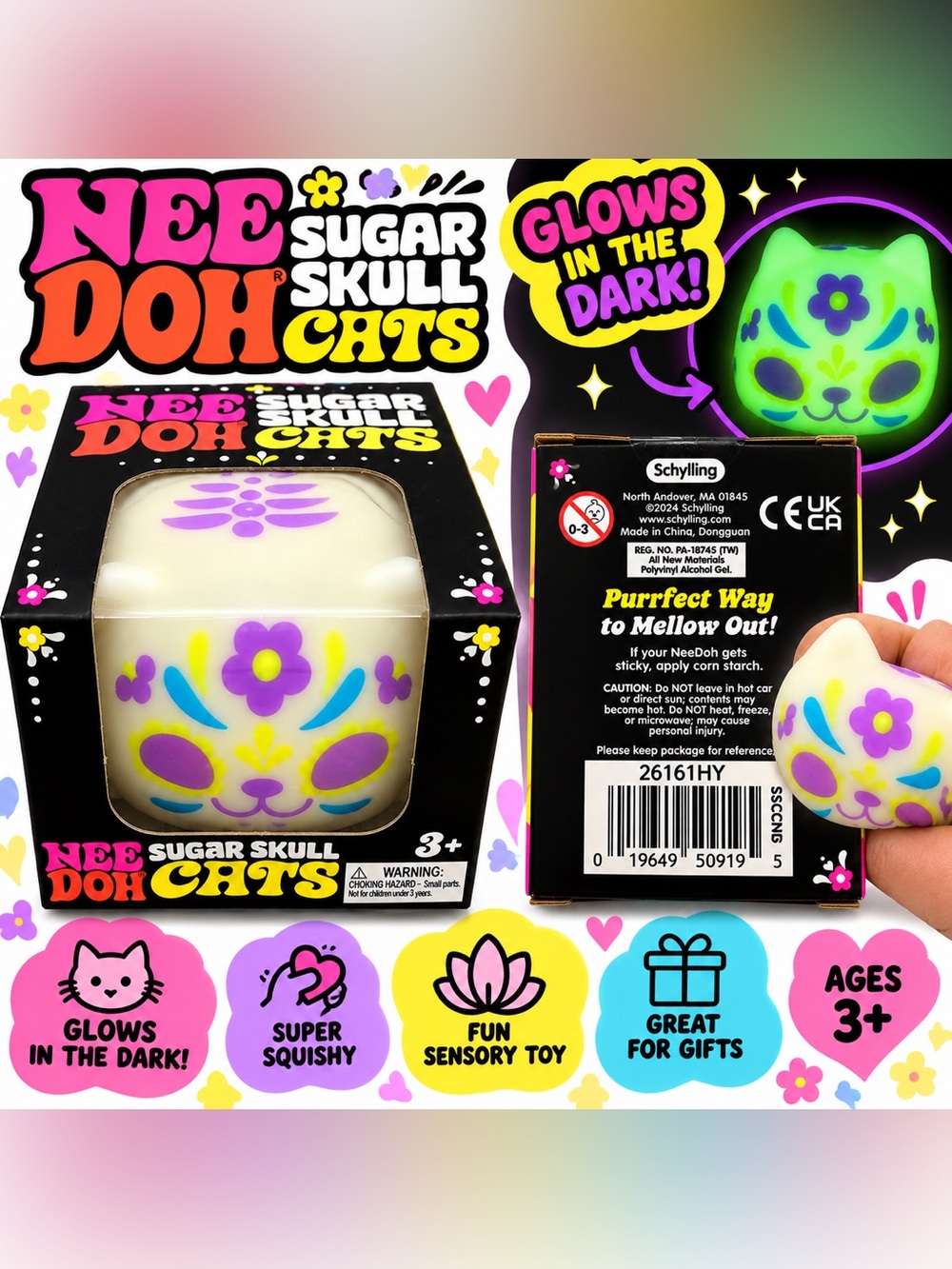 Schylling NeeDoh Sugar Skull Cats Glow in the Dark Squishy Sensory Toy-Rare!